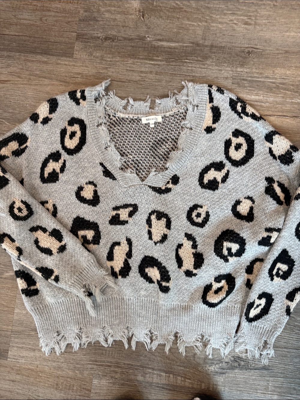 Miracle Gray Leopard V-Neck Sweater with Beige Spots